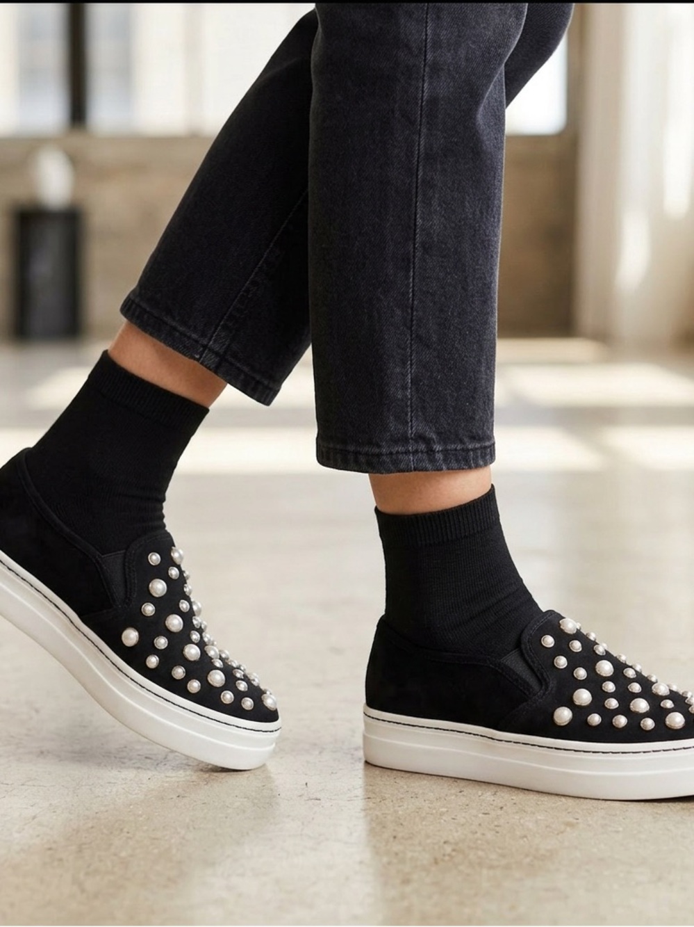 Alice + Olivia Black Slip-Ons with Pearl Embellishments
